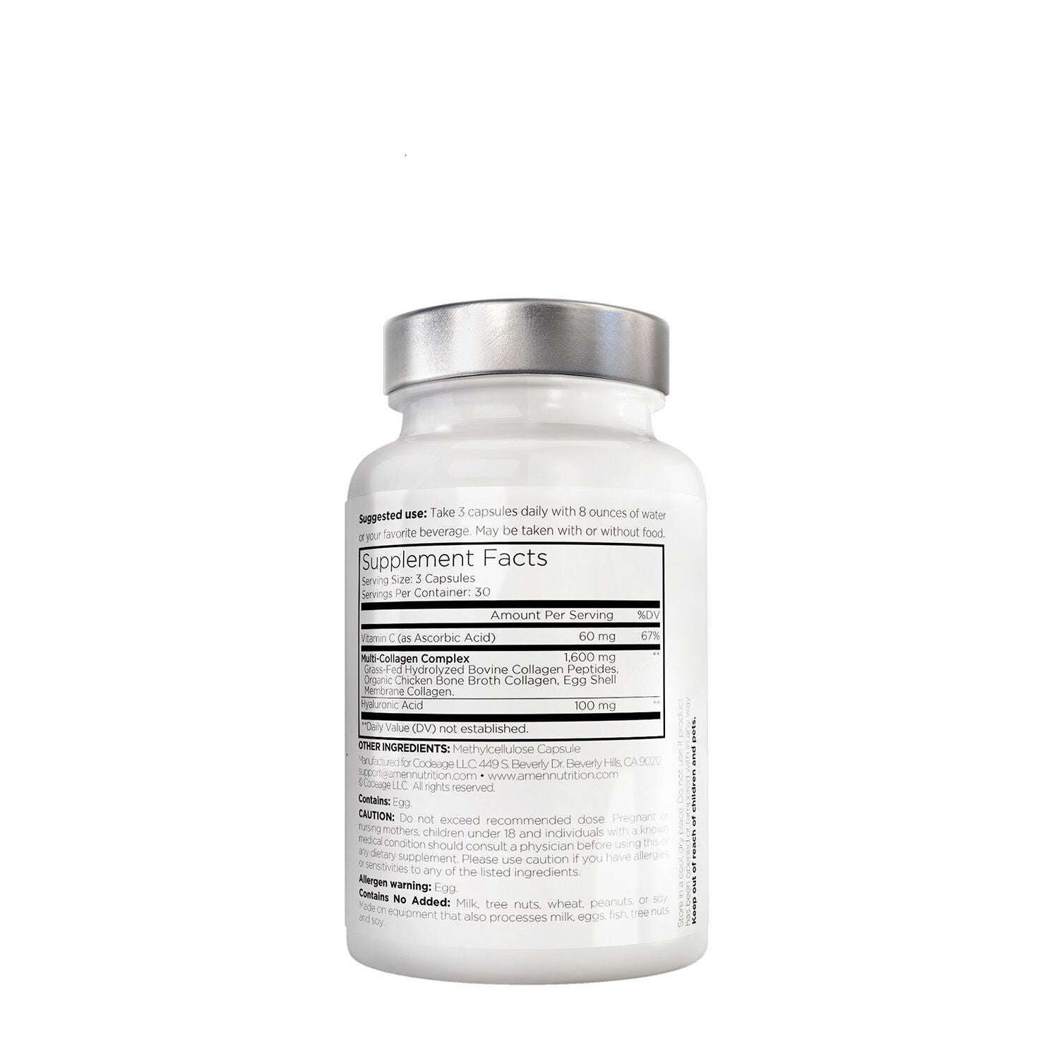 Amen Collagen Hydrolyzed Multi Collagen Peptides + Vitamin C - 90 Veggie Capsules (30 Servings)